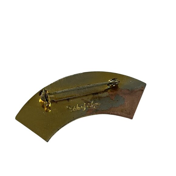 Vintage Isle of Skye Enamel Fan Brooch Pink Flowers Black Gold Tone Pin - Picture 2 of 7